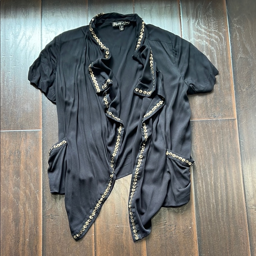 Elizabeth and James Black Draped Sequined Top, size Small